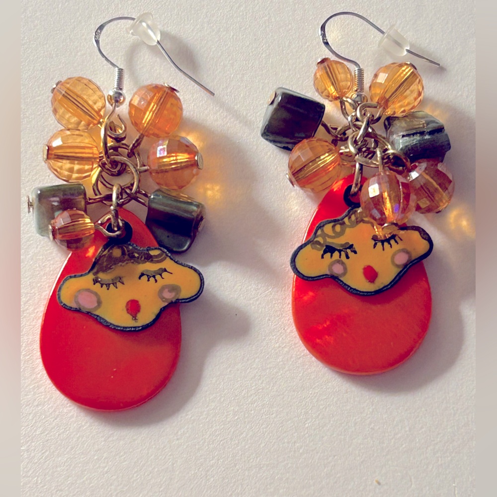 Earrings NWOT Artisan “Counting Sheep” Enamel Copper, real gold, Orange “MOP”